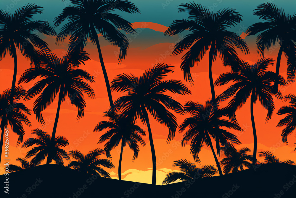 Palm tree pattern sunset background, summertime  illustration