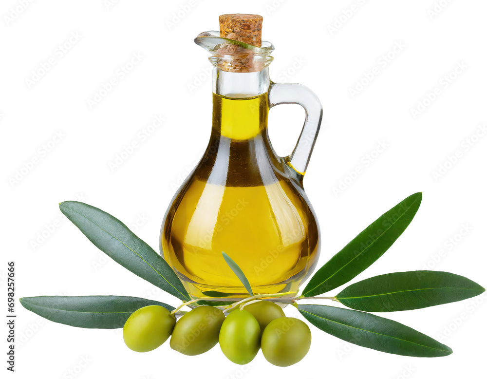 Delicious olive oil in a glass bottle and green olives with leaves - isolated on transparent background Delicious olive oil in a glass bottle and green olives with leaves - isolated on transparent background