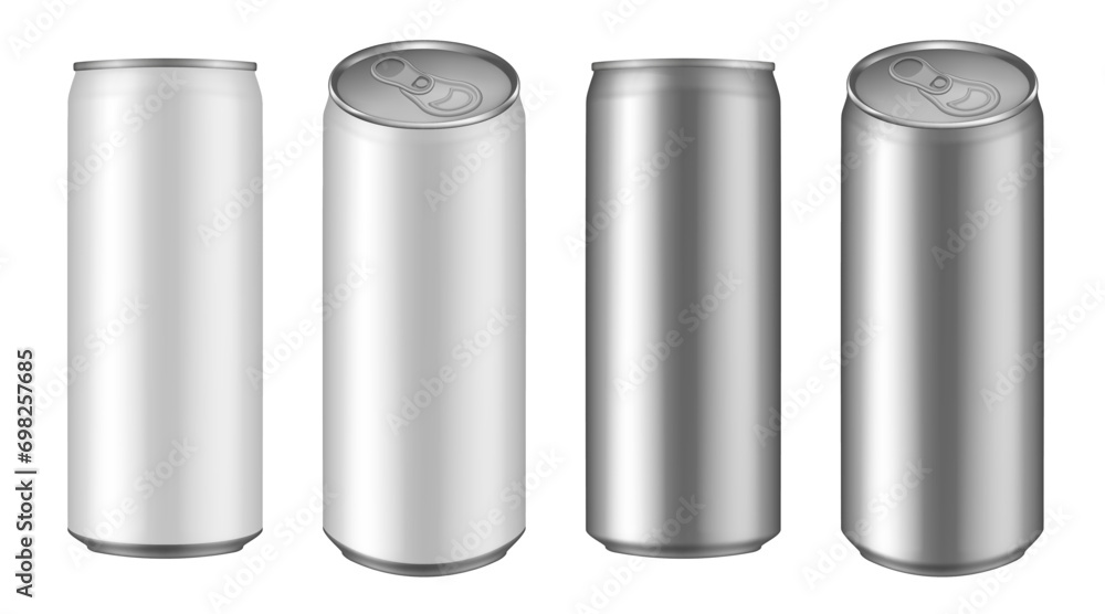 Set of white and silver tin cans of energy drink, juice or soda. Cocktail or fitness drink. Cold beverages. Can top view Set of white and silver tin cans of energy drink, juice or soda. Cocktail or fitness drink. Cold beverages. Can top view