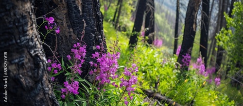 New green foliage and purple fireweed flowers contrast with charred tree trunks from the Kenow Fire of 2017 at Blakiston Falls trail in Waterton Lakes National Park, Alberta, Canada. photo