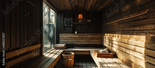 Sauna wall and timer made from wood in Finland. photo