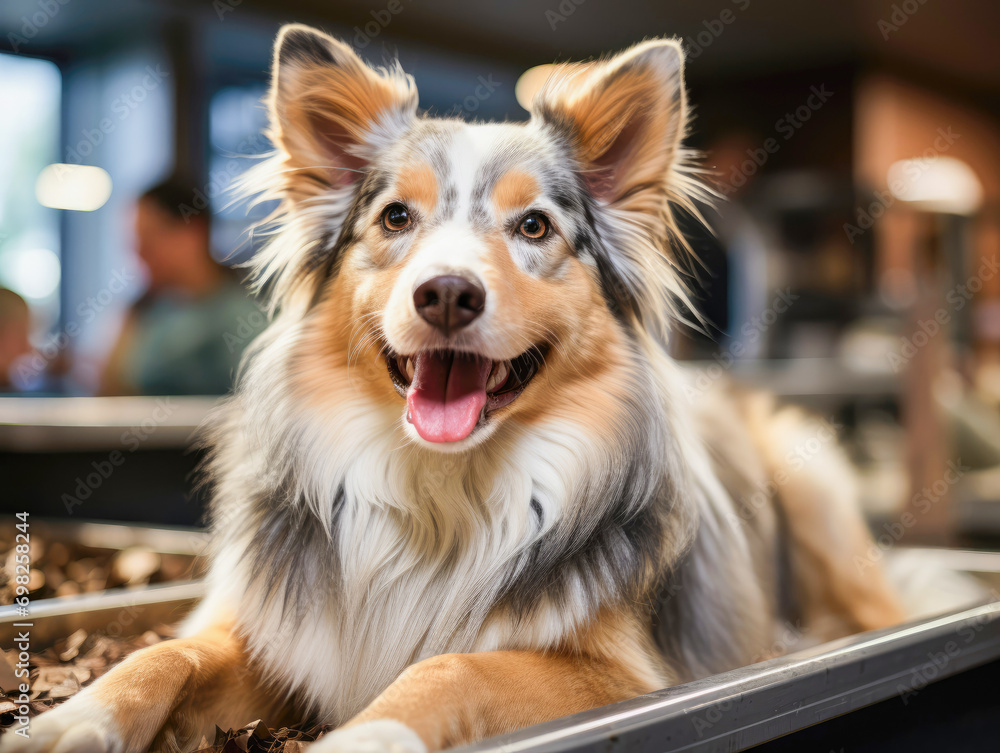 Portrait of an Australian Shepherd indoors. Happy friendly Aussie lies and looks at the camera with her tongue hanging out Portrait of an Australian Shepherd indoors. Happy friendly Aussie lies and looks at the camera with her tongue hanging out
