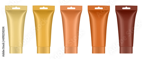Set of nude beige tubes with hanging holes. 3d mockup. Shades of natural beige color. Concealer or foundation. Salve or ointment. Plastic bottle.	