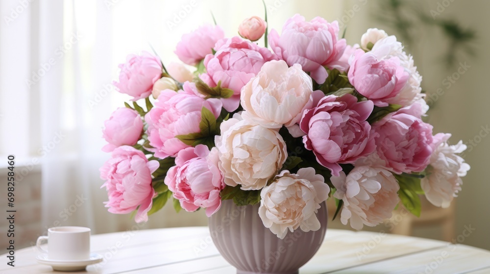 Obraz premium a vase filled with pink and white flowers sitting on top of a wooden table next to a cup of coffee.