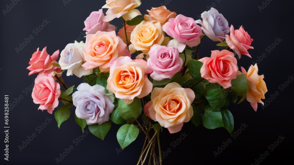  a bouquet of pink, yellow and pink roses in a vase on a black background with greenery in the foreground.