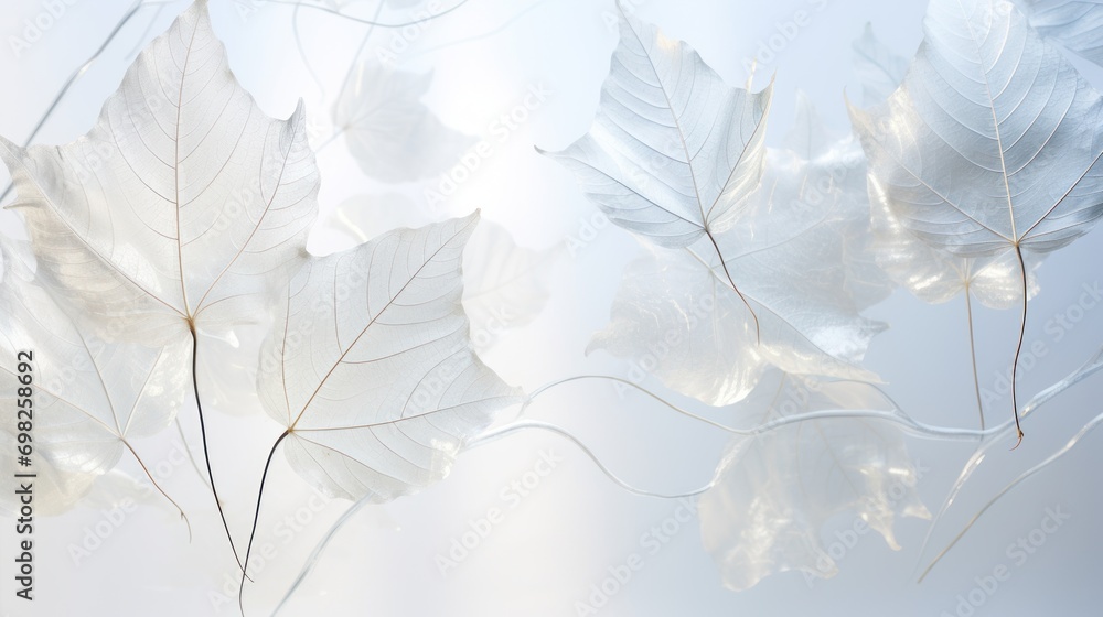 a group of white leaves floating on top of a blue and white background with a blurry sky in the background. a group of white leaves floating on top of a blue and white background with a blurry sky in the background.