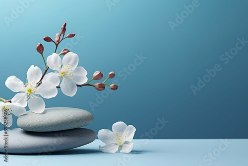 Light blue backdrop with a minimalistic display of stone and flowers