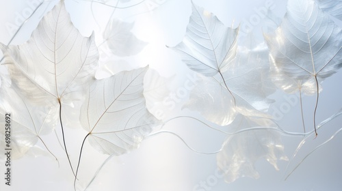  a group of white leaves floating on top of a blue and white background with a blurry sky in the background.