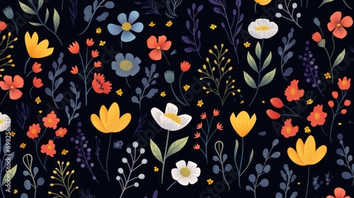 Wallpaper Mural  a black background with a bunch of different colored flowers and plants in the center of the image is a dark blue background with white, yellow, red, orange, orange, and blue flowers. Torontodigital.ca