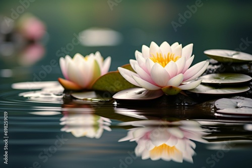Lotus in serene water, accompanied by an elegant floating stone