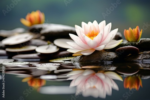 Scenic beauty a lotus flower with a stone on calm water