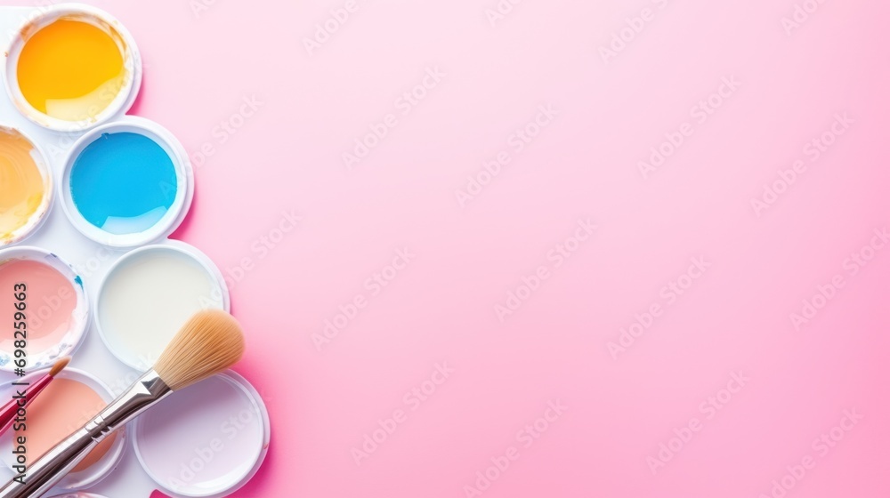  a set of paint and a brush on a pink background with a place for a text or an image of a set of paint and a brush on a pink background.