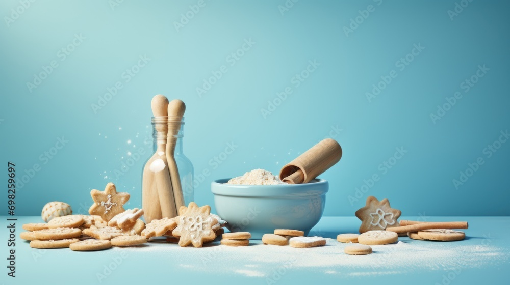 a bowl of cookies next to a cookie cutter and a bowl of cookies with a salt shaker on a blue background. a bowl of cookies next to a cookie cutter and a bowl of cookies with a salt shaker on a blue background.