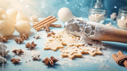  a cookie cutter sitting on top of a table covered in icing next to cinnamons and star shaped cookies. photo