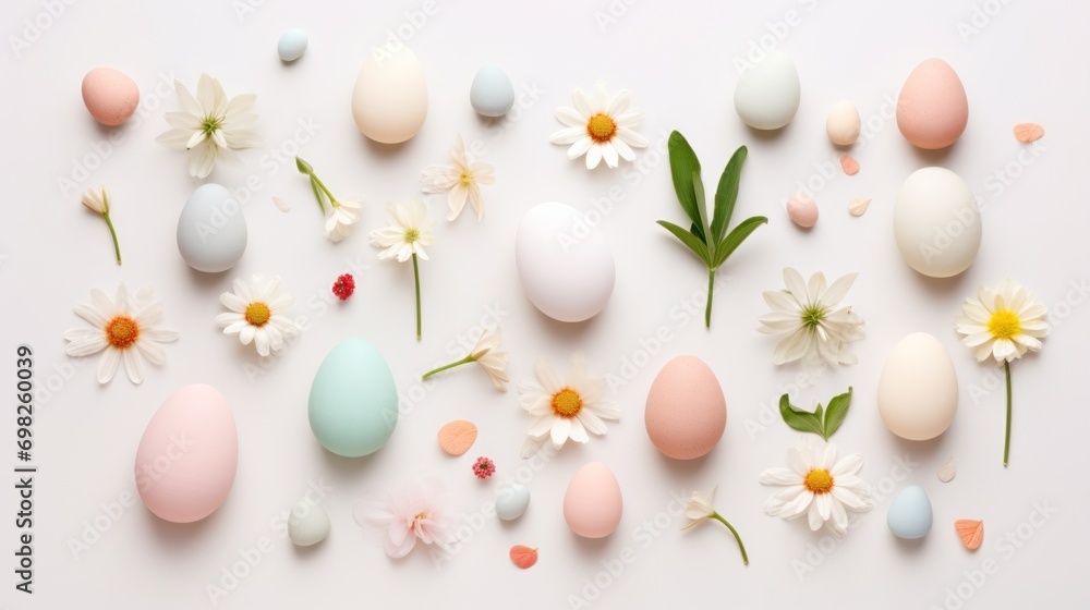  a white table topped with lots of different colored eggs next to a bunch of daisies and a daisy flower.