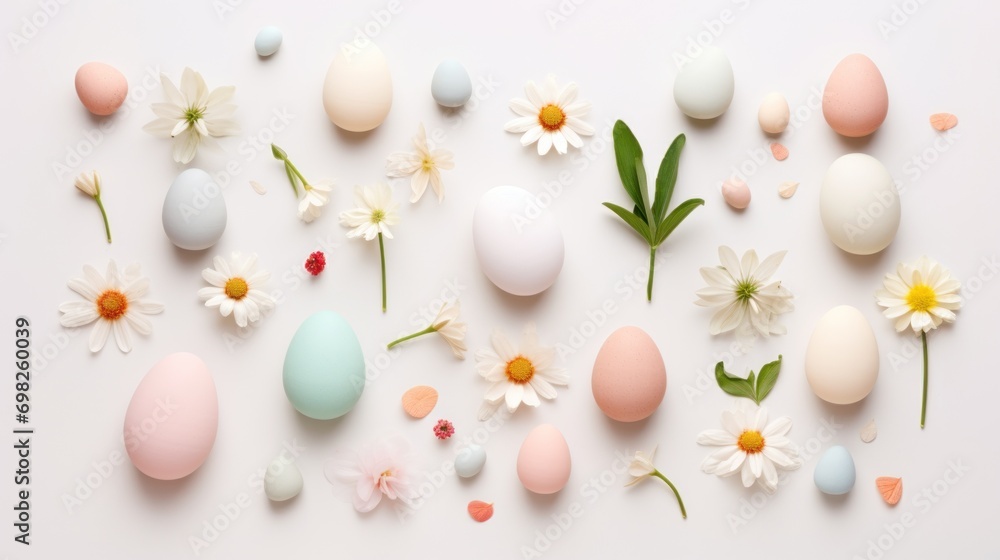 a white table topped with lots of different colored eggs next to a bunch of daisies and a daisy flower. a white table topped with lots of different colored eggs next to a bunch of daisies and a daisy flower.