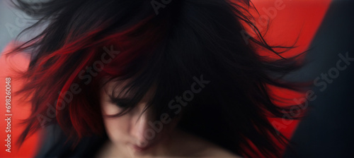 ritratto in movimento di viso di giovane donna, colori dominanti orsso e nero, primissimo piano sfuocato photo