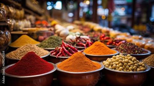  a bunch of bowls filled with different types of spices and spices on top of each other in front of a store filled with lots of different types of spices.