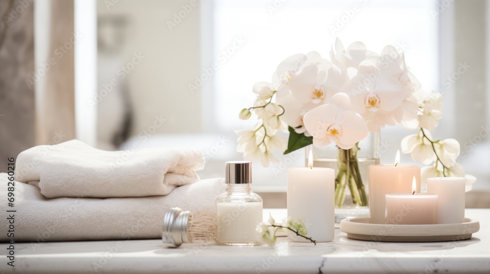 a table topped with a vase filled with white flowers next to a couple of candles and a bottle of lotion. a table topped with a vase filled with white flowers next to a couple of candles and a bottle of lotion.
