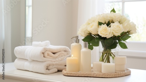  a bouquet of white roses sitting on top of a table next to a vase with candles and towels on it.