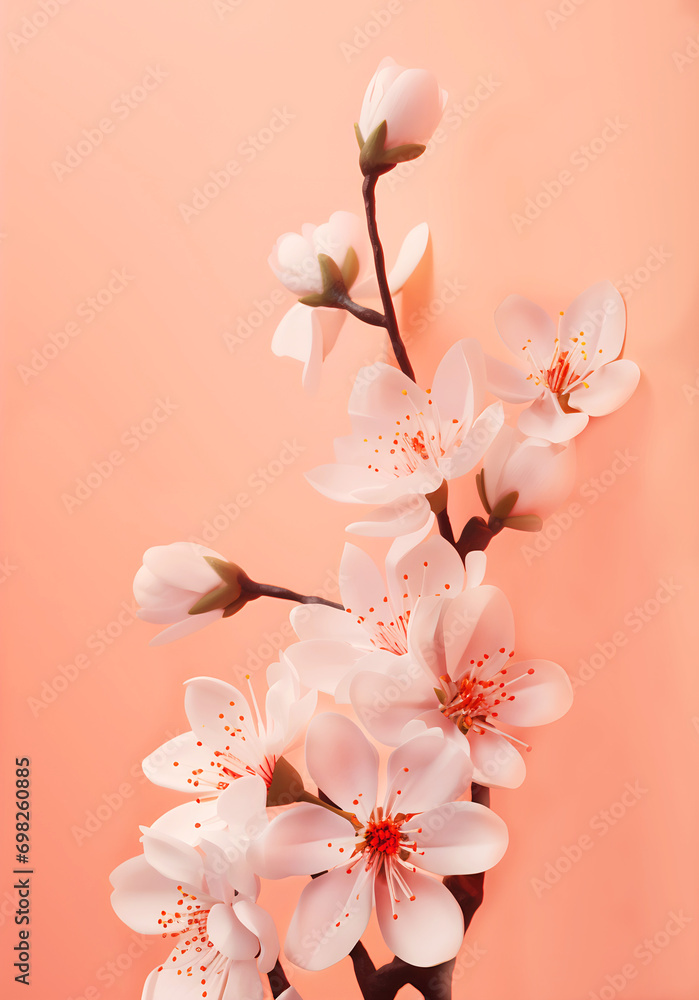 Festive background with flowers in Soft Peach Hue. Color of the Year 2024. Copy space, vertical