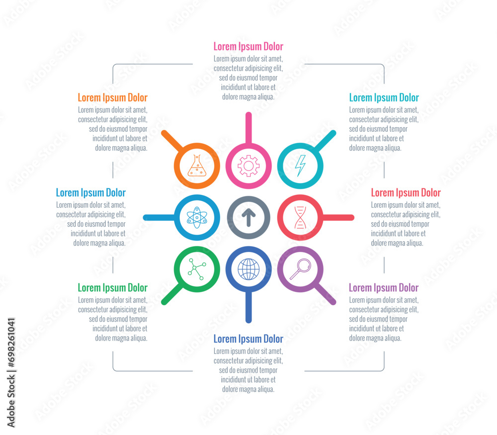 magnifying glass information template. eight steps annual report, internet infographic template. scientific infographic template magnifying glass information template. eight steps annual report, internet infographic template. scientific infographic template