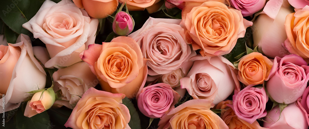 Colorful Dedication: Studio Shot of an Abundance of Roses in White, Pink, and Orange, Perfect for Romantic Celebrations and Symbolizing Fragility and Beaut - Colorful Flower Background