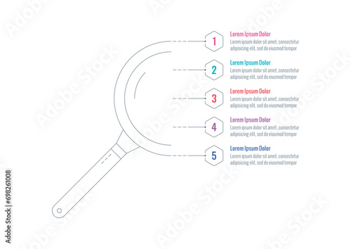 magnifying glass infographic template. scientific, annual report, internet, web, business, magazine information template. five steps infographic template