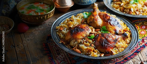 Chicken kabsa, a popular Saudi Arabian meal, includes roasted chicken and almonds.