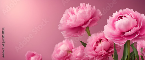 Serene Elegance  A Stylish Composition of Pink Peonies Floating on a Desk  Ideal for Feminine Designs and Romantic Greetings - Pink Flowers on Pink Background. Copy Space