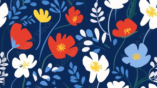  a blue background with red  yellow  and white flowers on a dark blue background with white  yellow  and blue leaves.