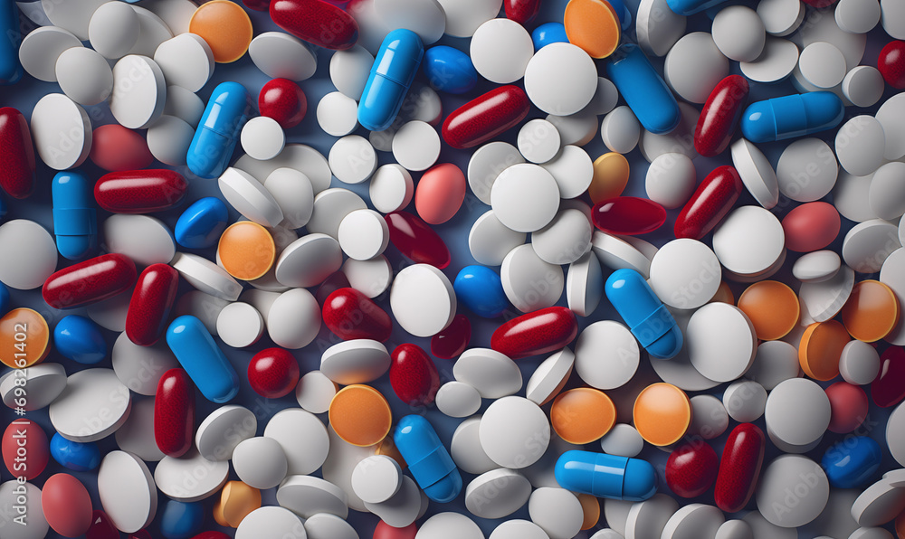 Colorful supplements and medications - top view. Macro. Background of tablets. Colorful supplements and medications - top view. Macro. Background of tablets.