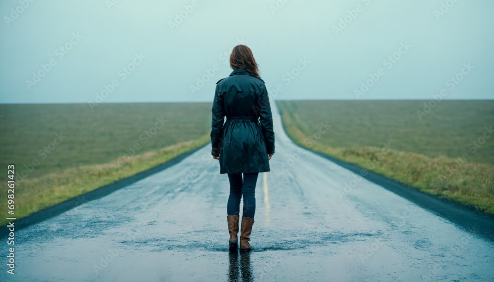 A woman in a raincoat walks along a dirty wet asphalt road. Autumn, bad weather. Back view - obrazy, fototapety, plakaty 