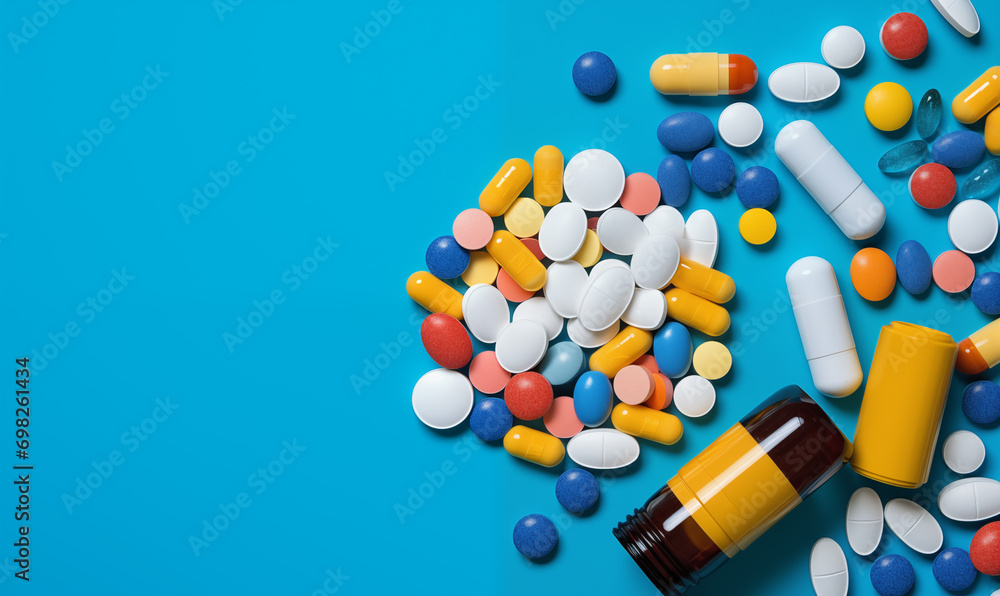 Medications along with cans are scattered around the table. Group of drugs and antibiotics. Medications along with cans are scattered around the table. Group of drugs and antibiotics.