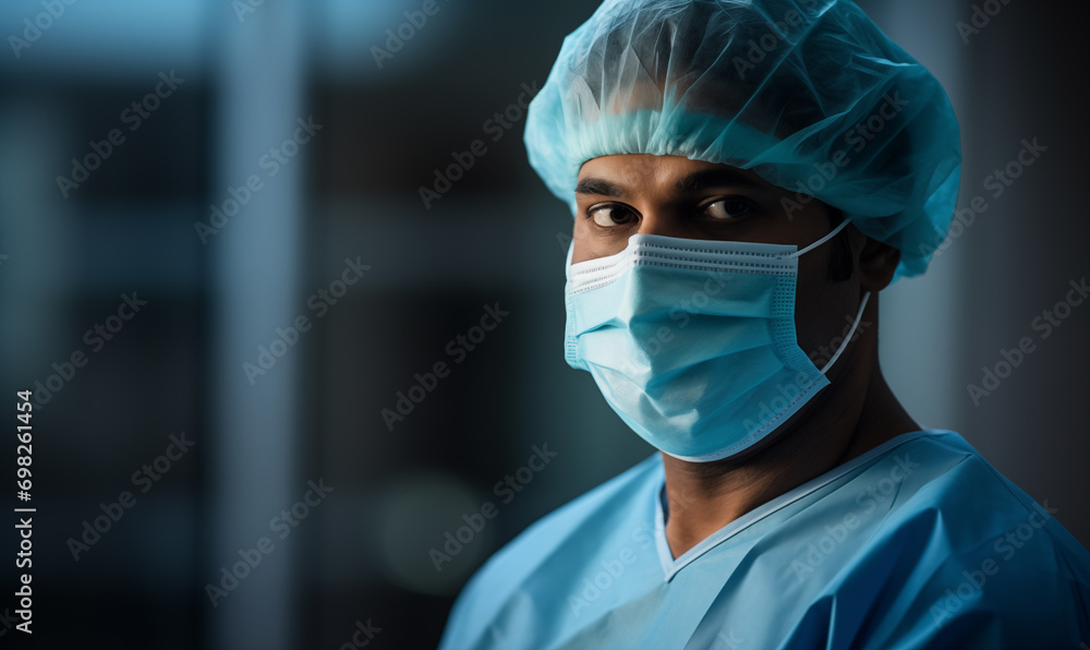 Male doctor surgeon practitioner wearing a medical mask in hospital, headshot portrait. Generative AI Male doctor surgeon practitioner wearing a medical mask in hospital, headshot portrait. Generative AI