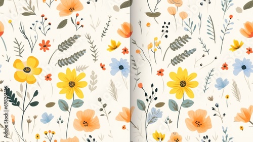  a close up of a pattern of flowers on a white background with orange, blue, yellow, and green leaves.