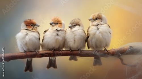  a group of small birds sitting on top of a tree branch in front of a yellow and blue sky background.