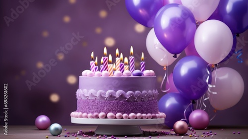  a birthday cake with purple frosting and lit candles surrounded by balloons and confetti on a wooden table.