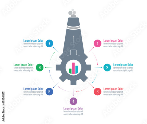 factory chimney and industrial wheel infographic template. seven options information template. business infographic template
