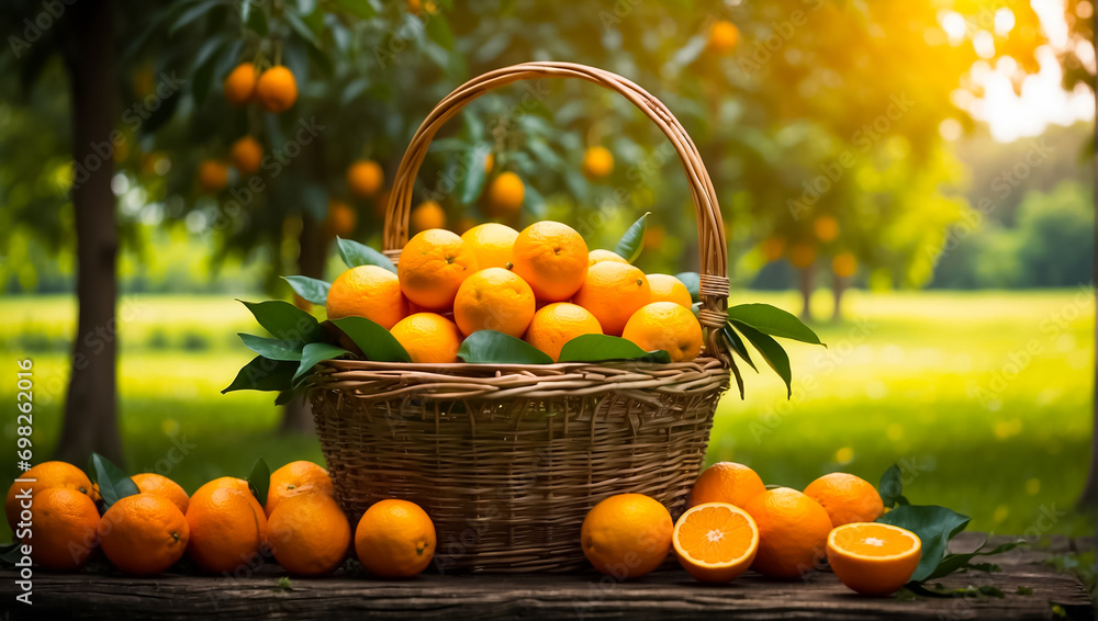 Basket with fresh oranges on a background of trees seasonal