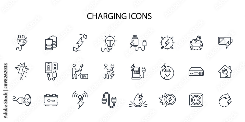 Charging icon set.vector.Editable stroke.linear style sign for use web design,logo.Symbol illustration. - obrazy, fototapety, plakaty 