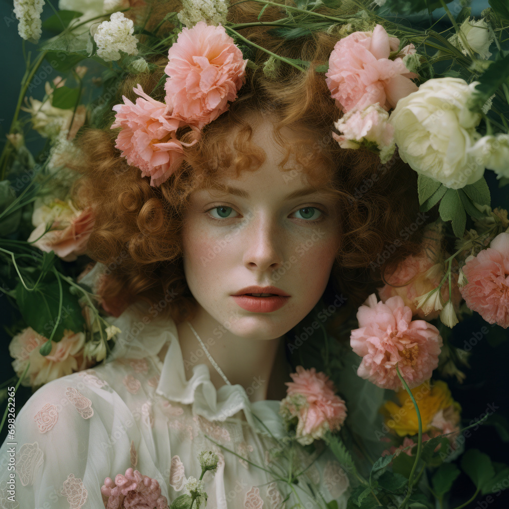 Fairy, romantic portrait of a dreamy beautiful girl with fresh spring flowers. 
