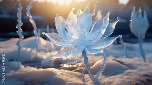  a white flower sitting in the middle of a snow covered field with the sun shining through the trees in the background.