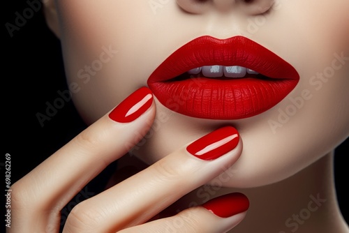 Beautiful sensual young woman with red lips and nails  close up. Make up and Manicure concept.