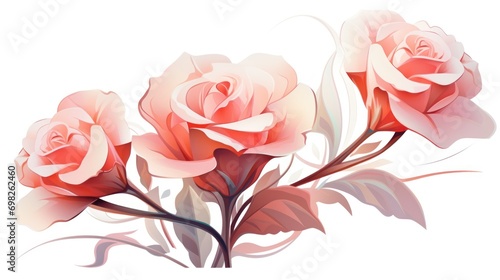  a painting of three pink roses on a white background with a green stem in the foreground and a green stem in the background.