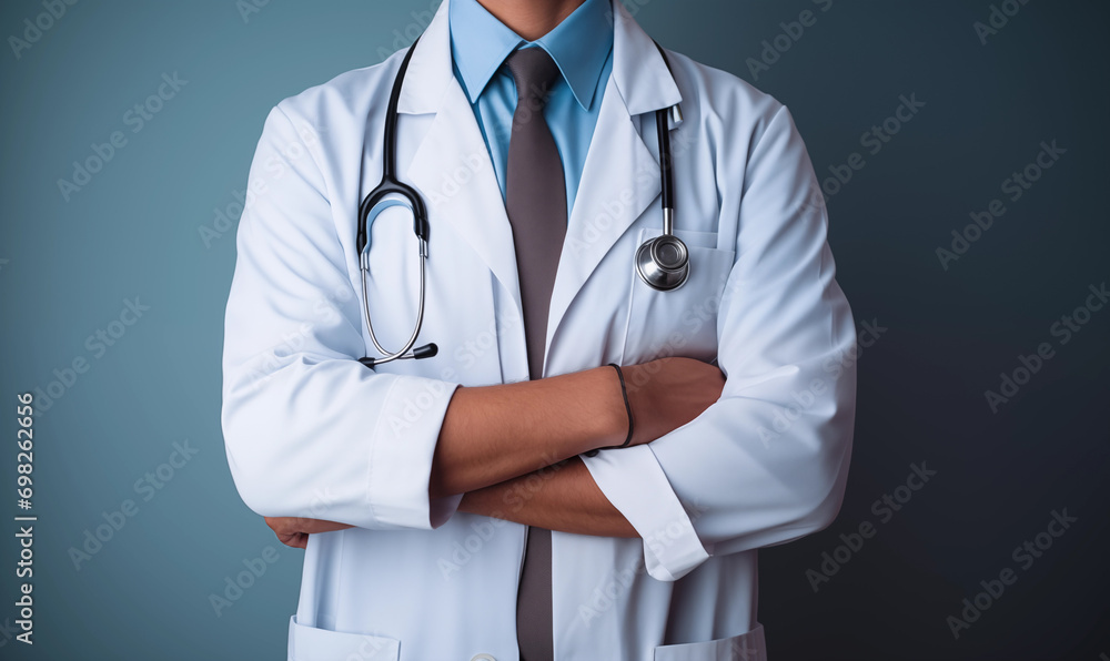 A man doctor with a statoscope crossed his arms on his chest. Generated with the help of artificial intelligence. A man doctor with a statoscope crossed his arms on his chest. Generated with the help of artificial intelligence.