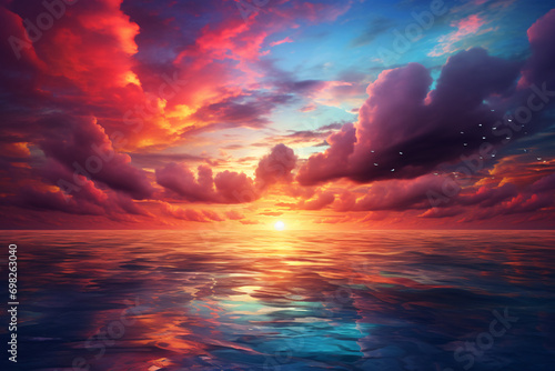 Colorful sunset over the ocean, vibrant sky, pink and red sky