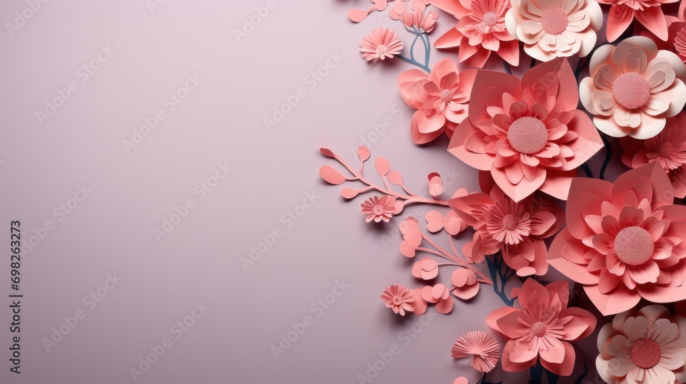  a bunch of paper flowers on top of a purple surface with pink and white flowers in the middle of the frame.
