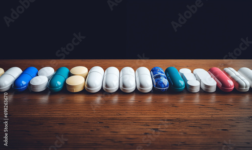 Colorful medical tablets on the table. View from the side.