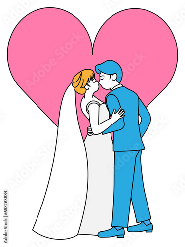 結婚式でキスをする新郎新婦とハートマーク